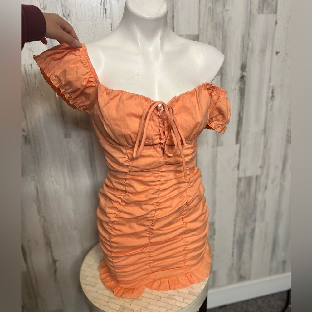 Haute Monde Pastel Orange Ruched Off the Shoulder Lace Up Milkmaid Mini Dress S